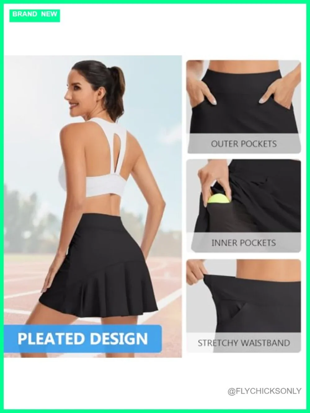 Pleated Tennis Skort with Built-in Shorts, Pockets UPF 50+